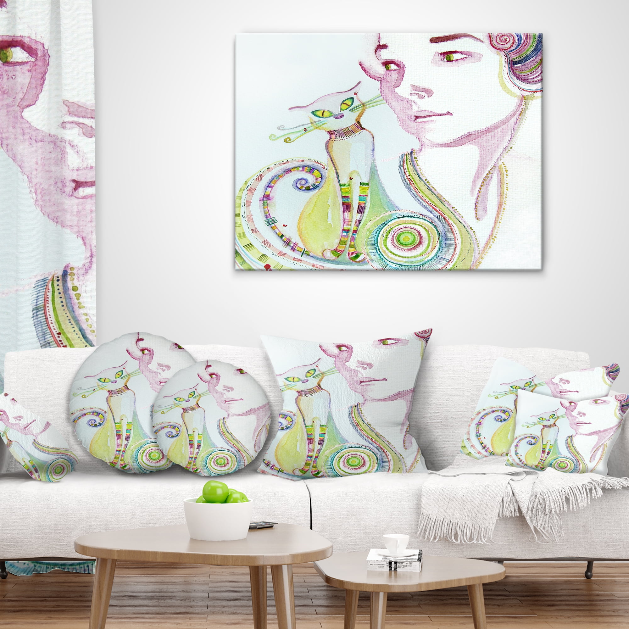 Designart Cute Girl with Cat - Abstract Portrait Throw Pillow - 12x20