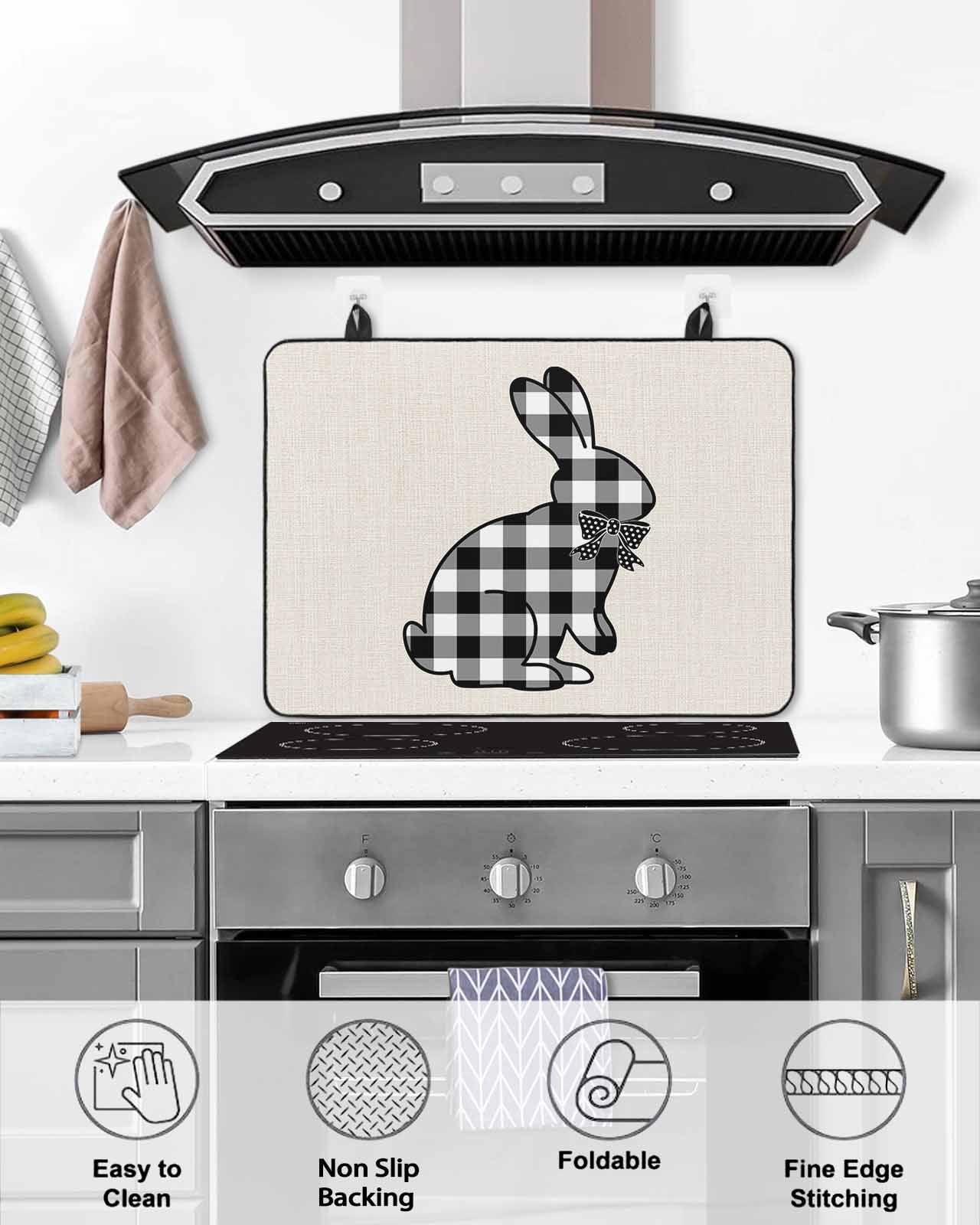 Large Induction Cooktop Protector Mat Easter Stove Top Covers for Electric Stove, Farmhouse Retro Black White Lattice Bunny Rabbit Decorative Stove Burner Cover Mats, Glass Top Stove Cover