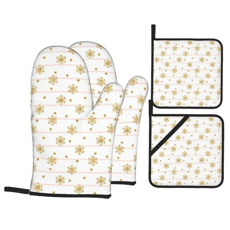 

Oven Mitts and Pot Holders Sets 4 pcs - Gold Snowflake Stripes Heat Resistant Silicone Oven Gloves with Non-Slip Silicone Surface and hot pads for kitchen Baking Cooking BBQ