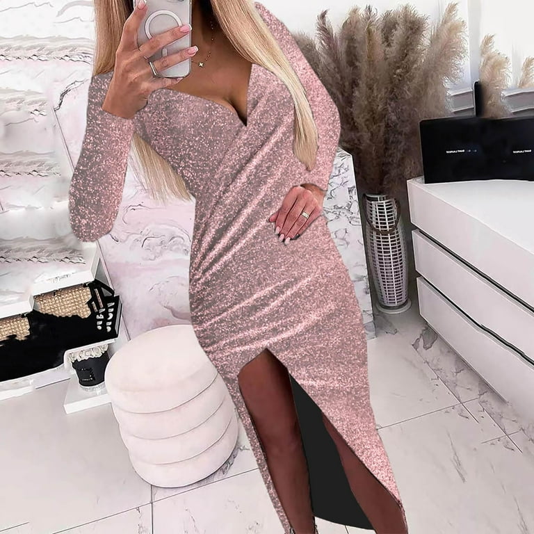 Sexy deep v long sleeve slim shiny evening dresses top