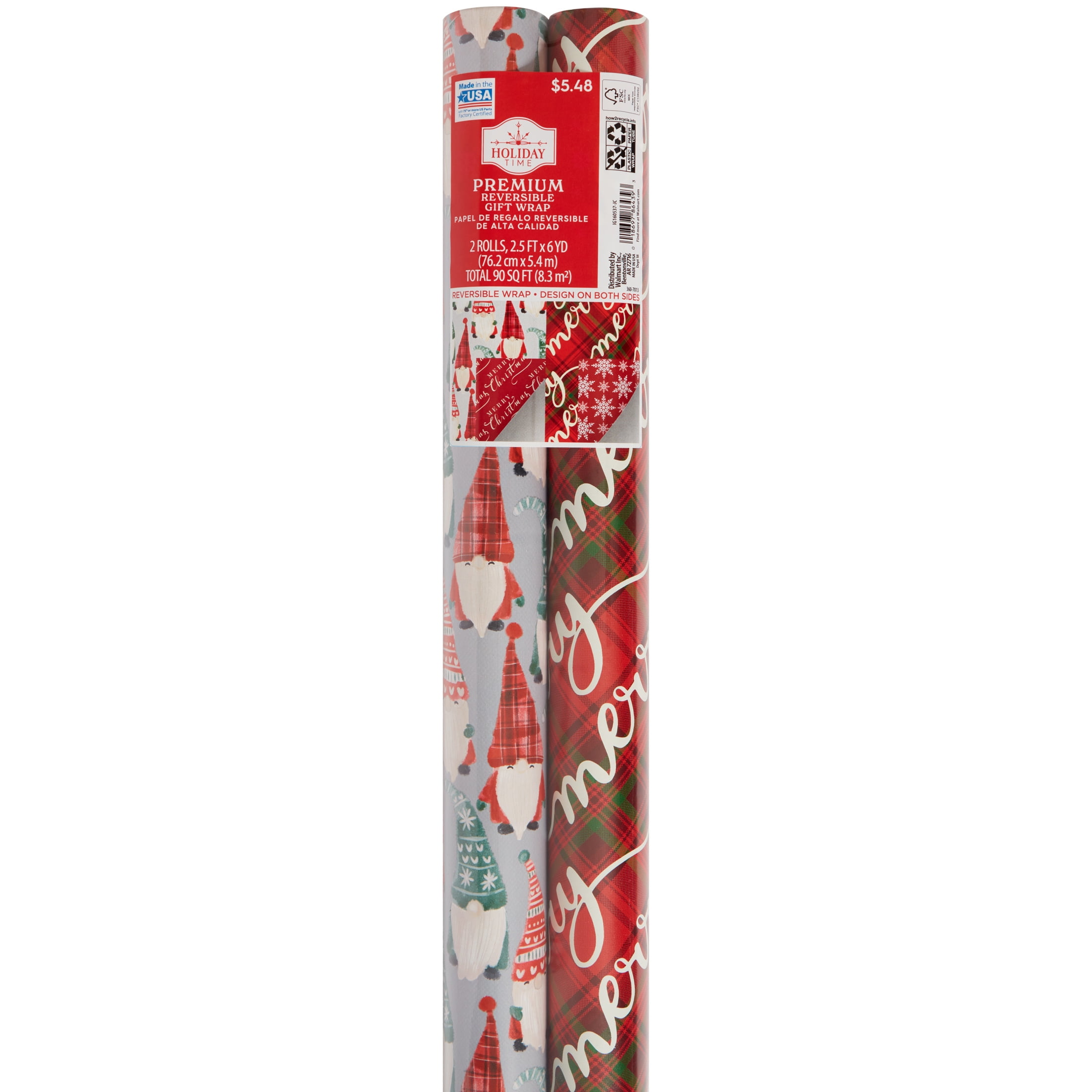 Holiday Time Traditional Two-Roll Reversible Gift Wrap, 30" x 90 sq. ft