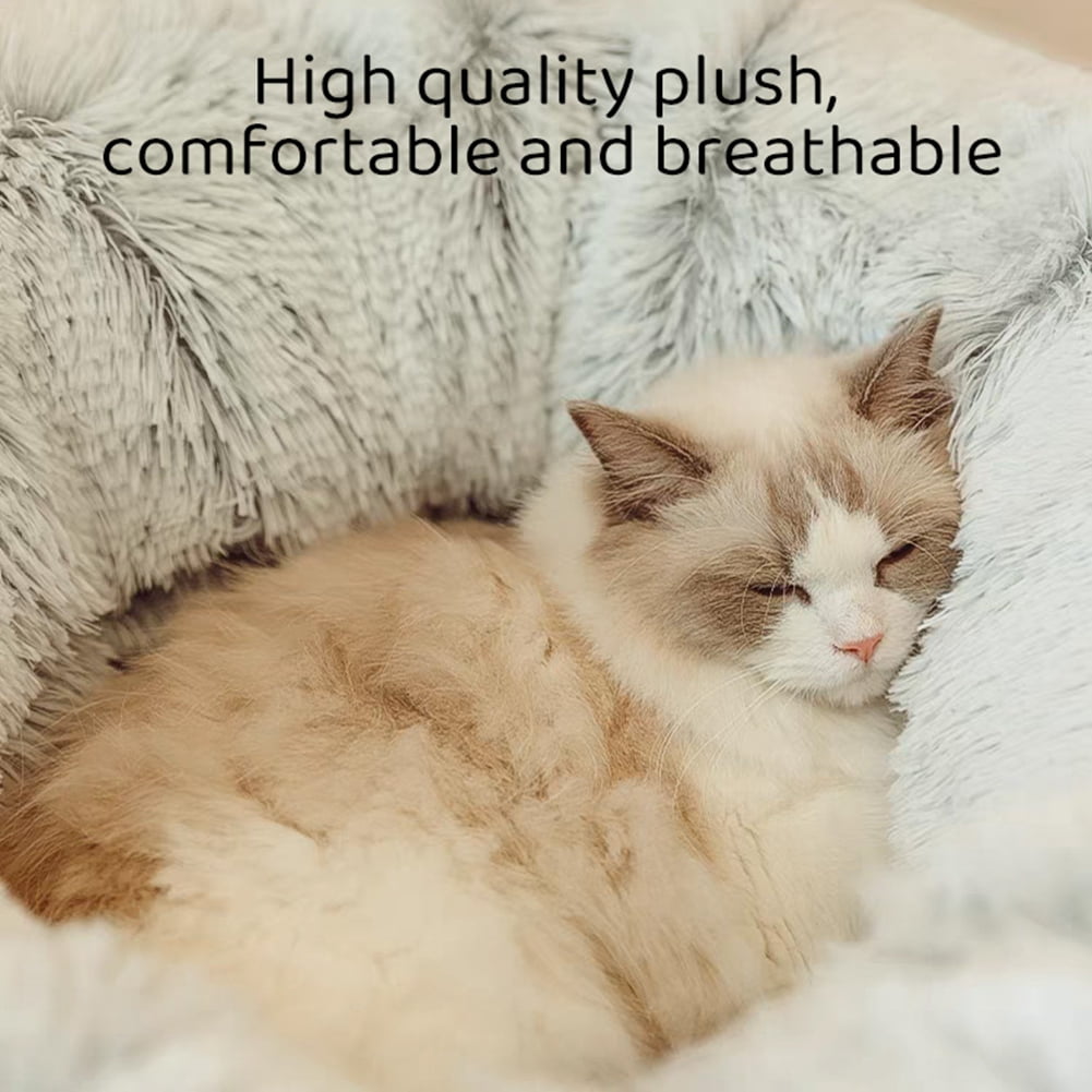 Cat Tunnel Bed with Central Washable Cushion - Large Cat Tunnel Tube Toys 3 Shape to Play for Indoor Cats Kittens Puppies, Round Plush Fluffy Cat Bed