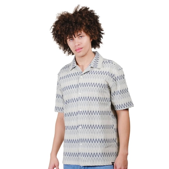 Brooklyn Cloth Men's Zig Zag Knit Camp Collar Shirt, Short Sleeve, Relaxed Fit, Aqua Gray, Medium