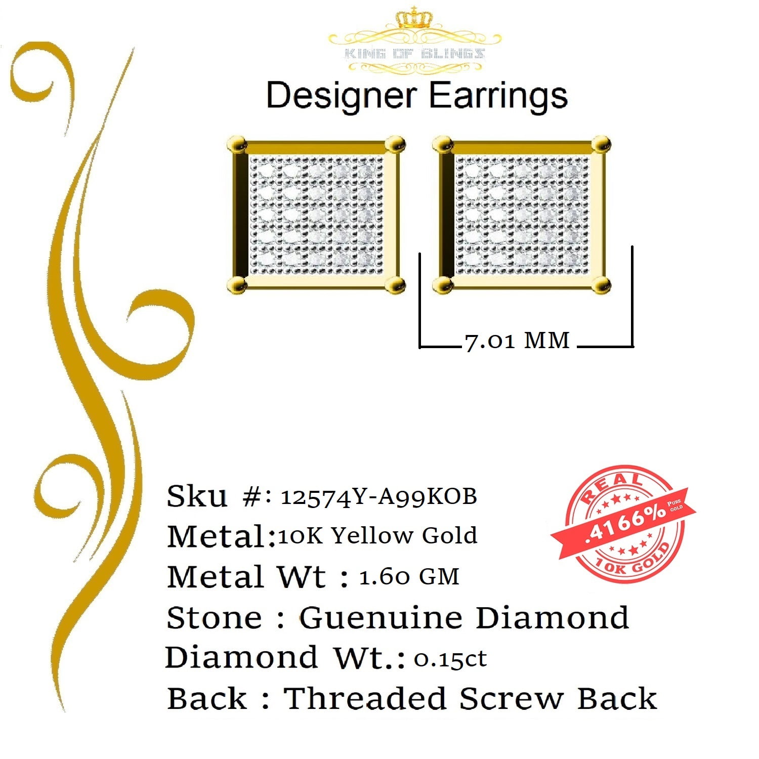 King of Bling's Real 10k Yellow Gold with 0.15CT Real Diamonds Men's/Women's Square Stud Earring
