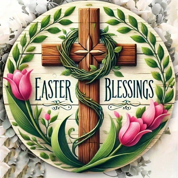 HELLOYOUNG 7.8 Inch Rustproof Iron Easter Wreath for Front Door, Spring Welcome Sign for Wall, Indoor Outdoor Hanging Home Decor
