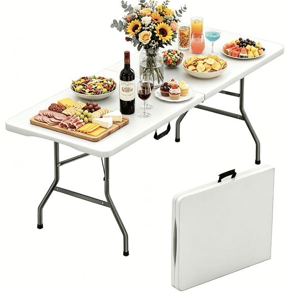 BORGEBY 6 Ft Folding Table, Portable Plastic Table with Handle for Indoor, Outdoor, Party, Dining, Wedding, Events, Camping(White)