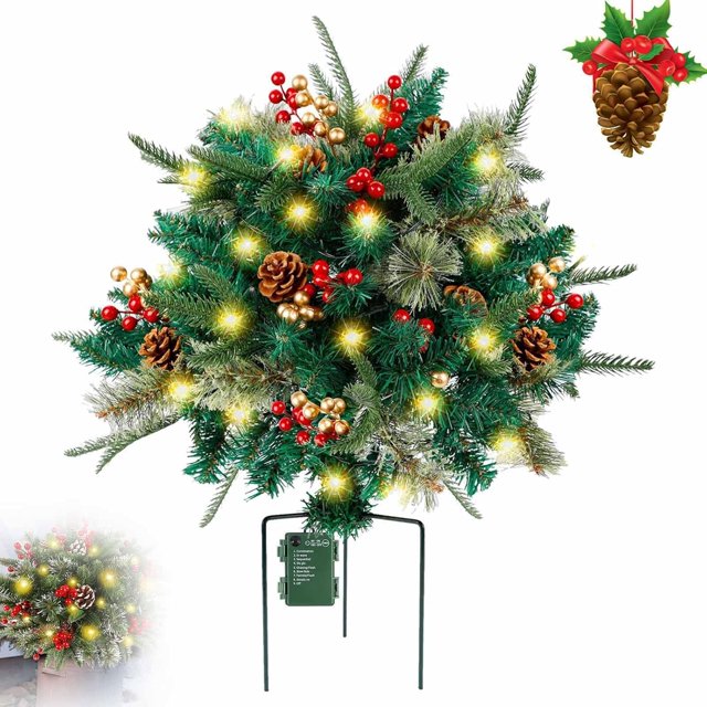 1 Pce Remplisseur de Jardinière de Noël avec Lumières, Jardinière Pré-Éclairée Arbre de Noël Artificiel Éclairé, Arbres de Pin de Noël Pré-Éclairés avec Cônes, Baies Dorées et Rouges, Piquet Trépied et Lumières LED