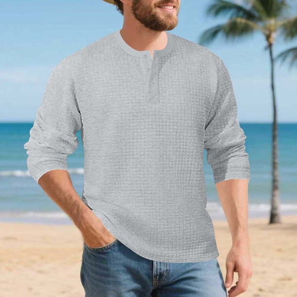 pstuiky camisa de manga larga para hombre, Camisa de entrenamiento de manga larga con cuello redondo y medio botón informal de colores sólidos para hombre camisetas de hombre xxxl