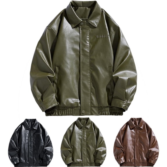 Danhjin Faux Leather Jackets for Men Motorcycle Windbreak Zip up Lapel Fall Winter Long Sleeve Outdoor Coats Outwear