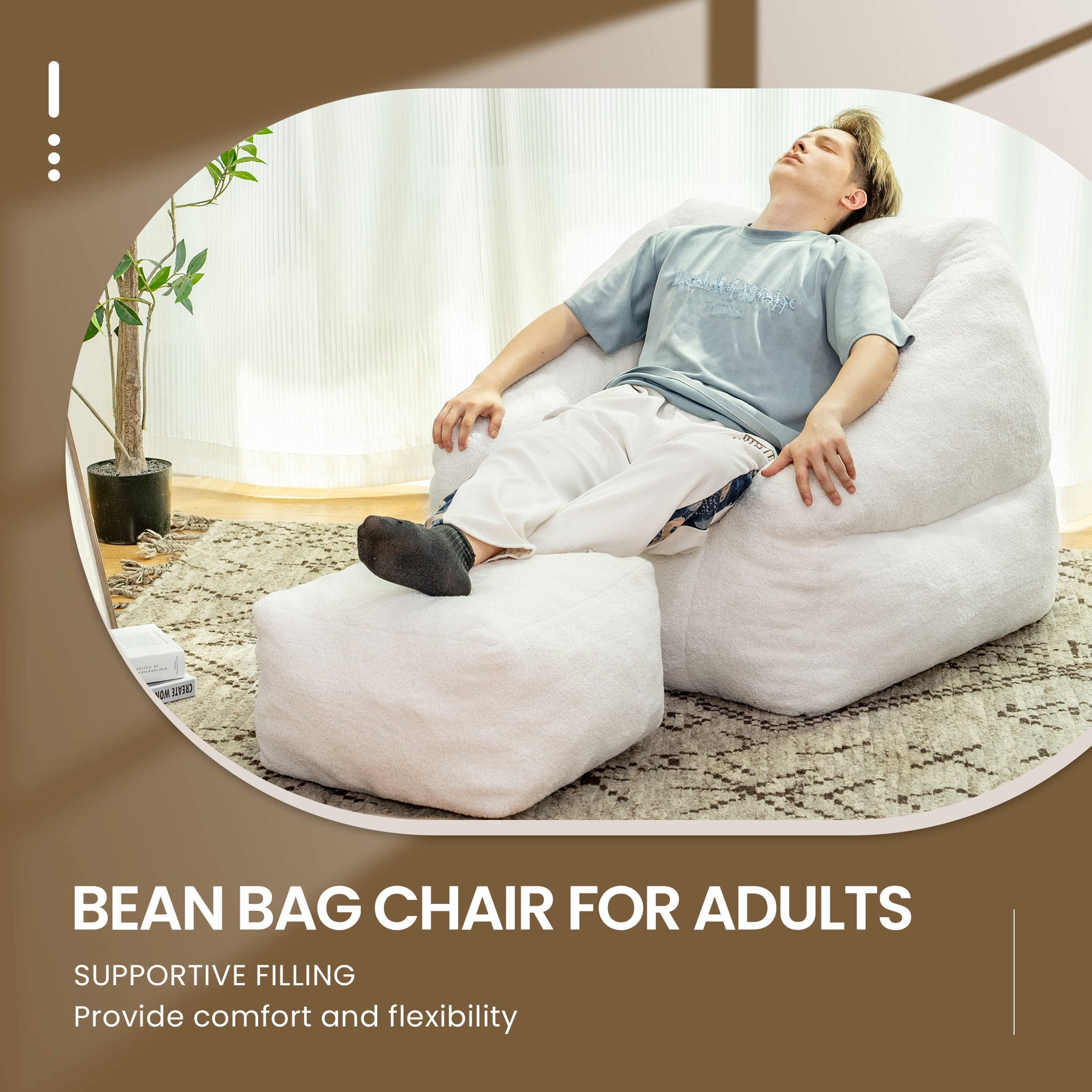 Aukfa Bean Bag Chair with Ottoman, Soft Fluffy Teddy Upholstered Pouf with Foot Rest for Living Room, White