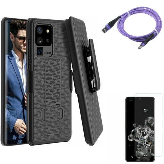 Case Belt Clip w 10ft USB Cable w Screen Protector for Samsung Galaxy S20 Ultra - Holster Swivel Cover, Purple Type-C Charger Cord, Tempered Glass [Fingerprint Unlock] 3D Curved fits Galaxy S20 Ultra