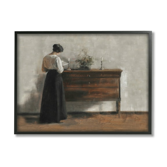 Stupell Industries Classic Woman Reading Literature & Film Painting Black Framed Art Print Wall Art, 14 x 11