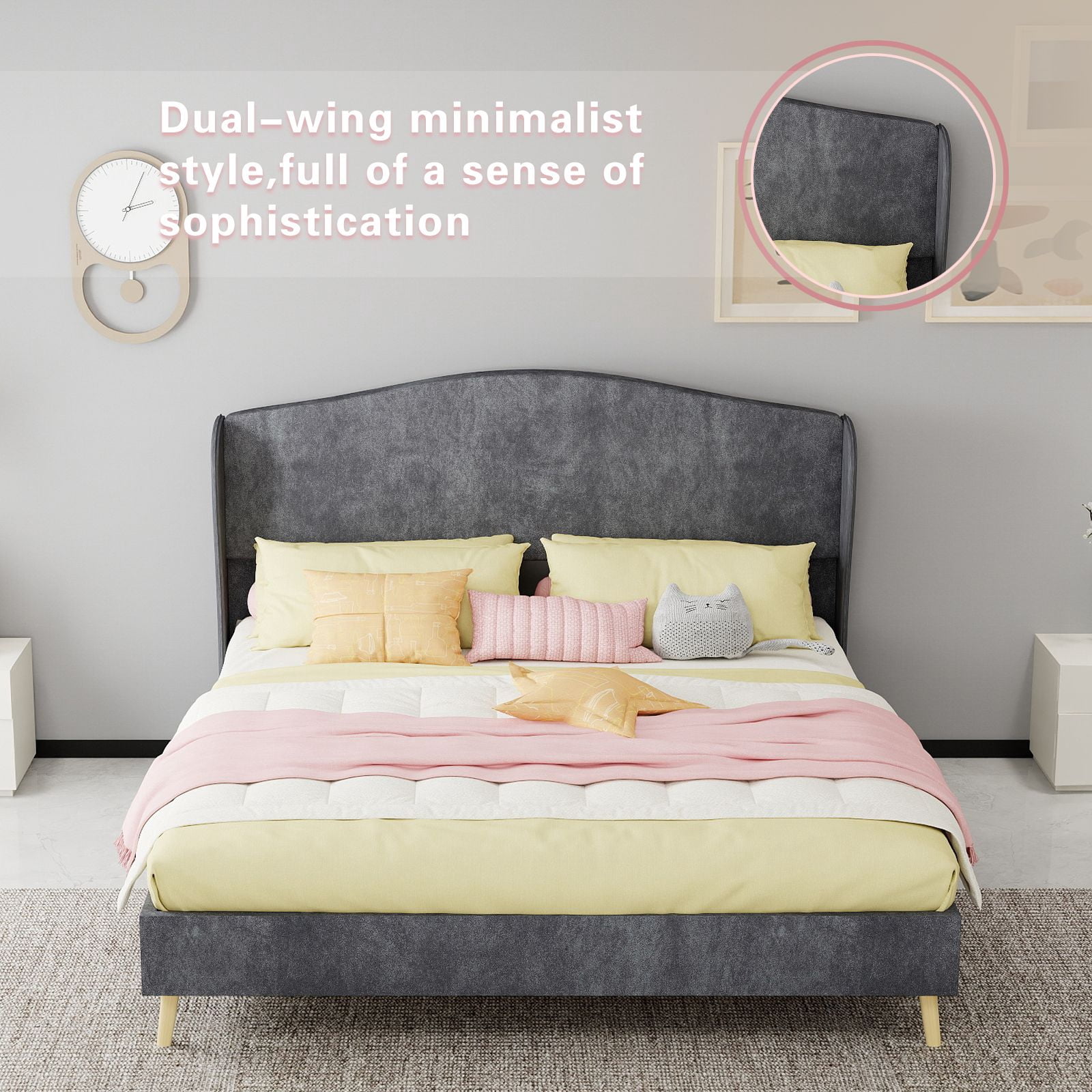 Alvantor Queen Size Upholstered Bed Frame with Padded Headboard, Holland Velvet Tufted Noise-Free & Durable Gray