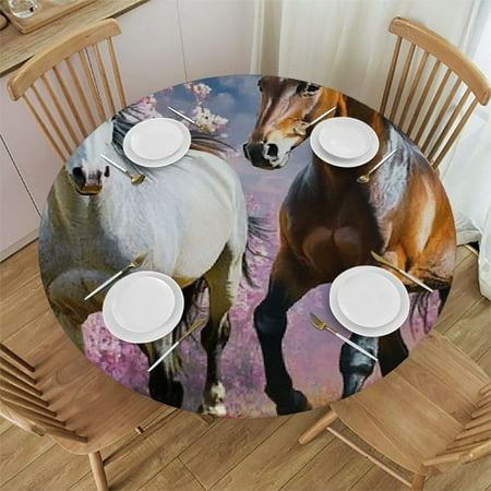 

FUMJ Horses Flowers Field Round Tablecloth Outdoor Fitted 100% Polyester Fiber 46 -50