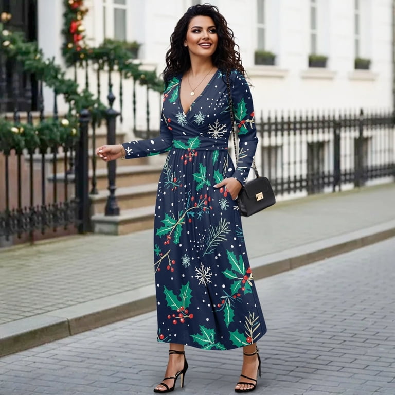 flowy christmas dresses Tutolipy for Women Snowflake Printed A Line Dress Long Sleeve Dress Casual Midi Dresses with Pockets, M Shirt Dress Casual Swing