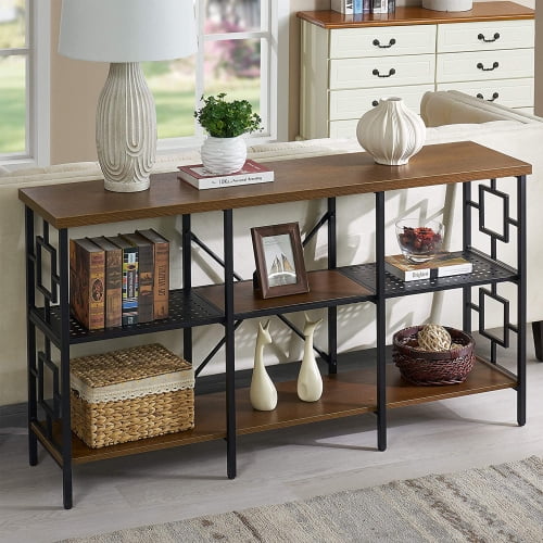 3 Tier Console Sofa Table Industrial Vintage 60 Inch Long Entryway With Open Storage Shelf For Living Room Hallway Retro Brown Com Console Sofa Table Industrial Vintage, 60 Inch Console Table With Drawers
