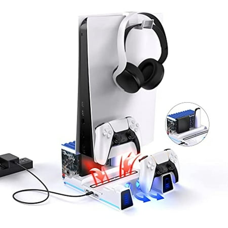 NexiGo PS5 Stand with RGB LED Light  Hard Drive Slot  Headset and Remote Holders  Dual Controller Charging Station for Playstation 5 Console  10 Game Slots  White