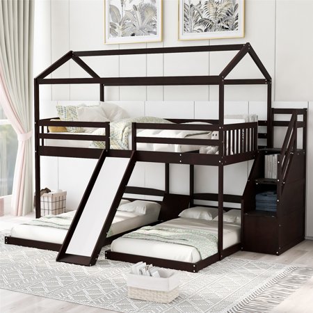Triple House Bunk Bed with Slide and Storage Staircase  Wooden Full Over Twin & Twin Bunk Bed Frame with Built-in Drawer and Shelf  3 Bed in 1 for Kids Teens  Espresso