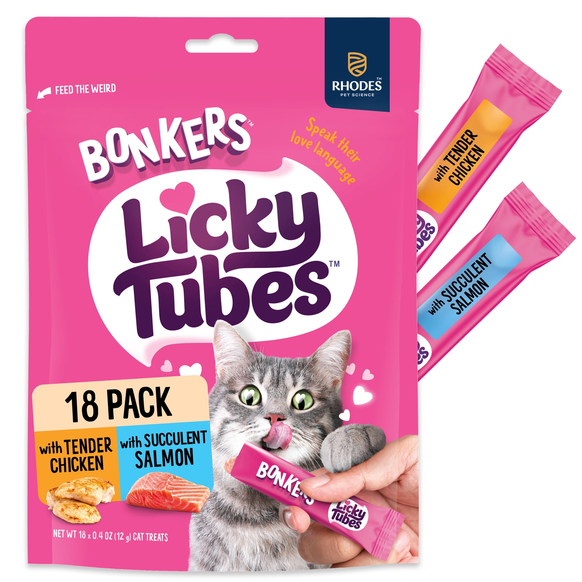 BONKERS Licky Tubes Chicken & Salmon Flavoured Wet Lickable Treats Treats for Cats, 18 Pack