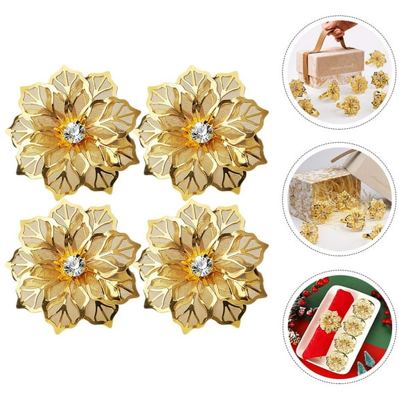 OUNONA Golden Flower Napkin Rings with Stainless Steel Material for Decoration 4 Pieces