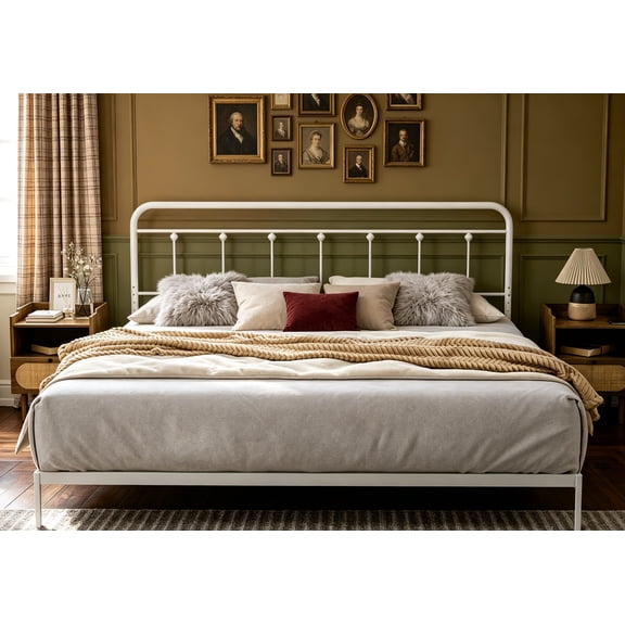 Metal California King Size Headboard Only, Adjustable Height, Victorian Farmhouse Curved Steel, Easy Assembly, Attach to Frame, White