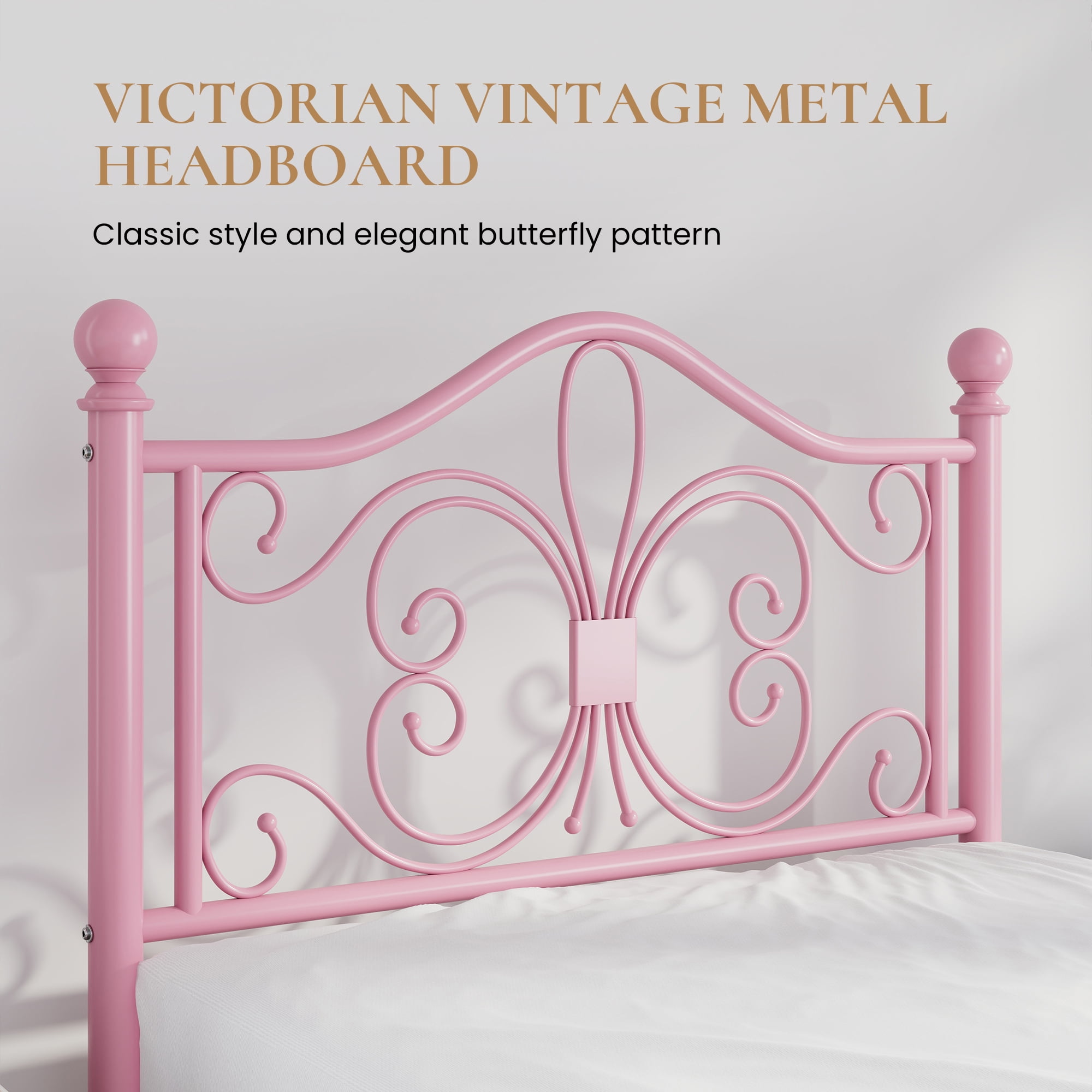 Sha Cerlin Twin Size Metal Platform Bed Frame with Victorian Vintage Butterfly Headboard&Footboard, Pink