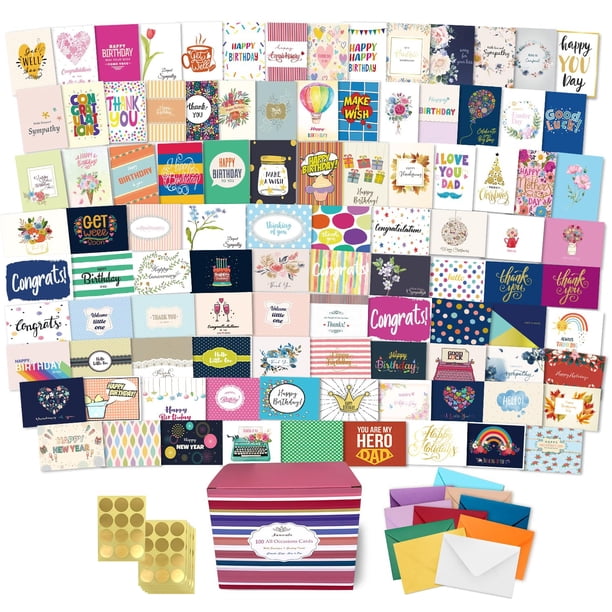 Caja surtida de 100 tarjetas para todas las ocasiones con sobres de colores Juego de 100 tarjetas para todas las ocasiones con saludo en el interior Caja surtida de tarjetas de felicitación surtidas g