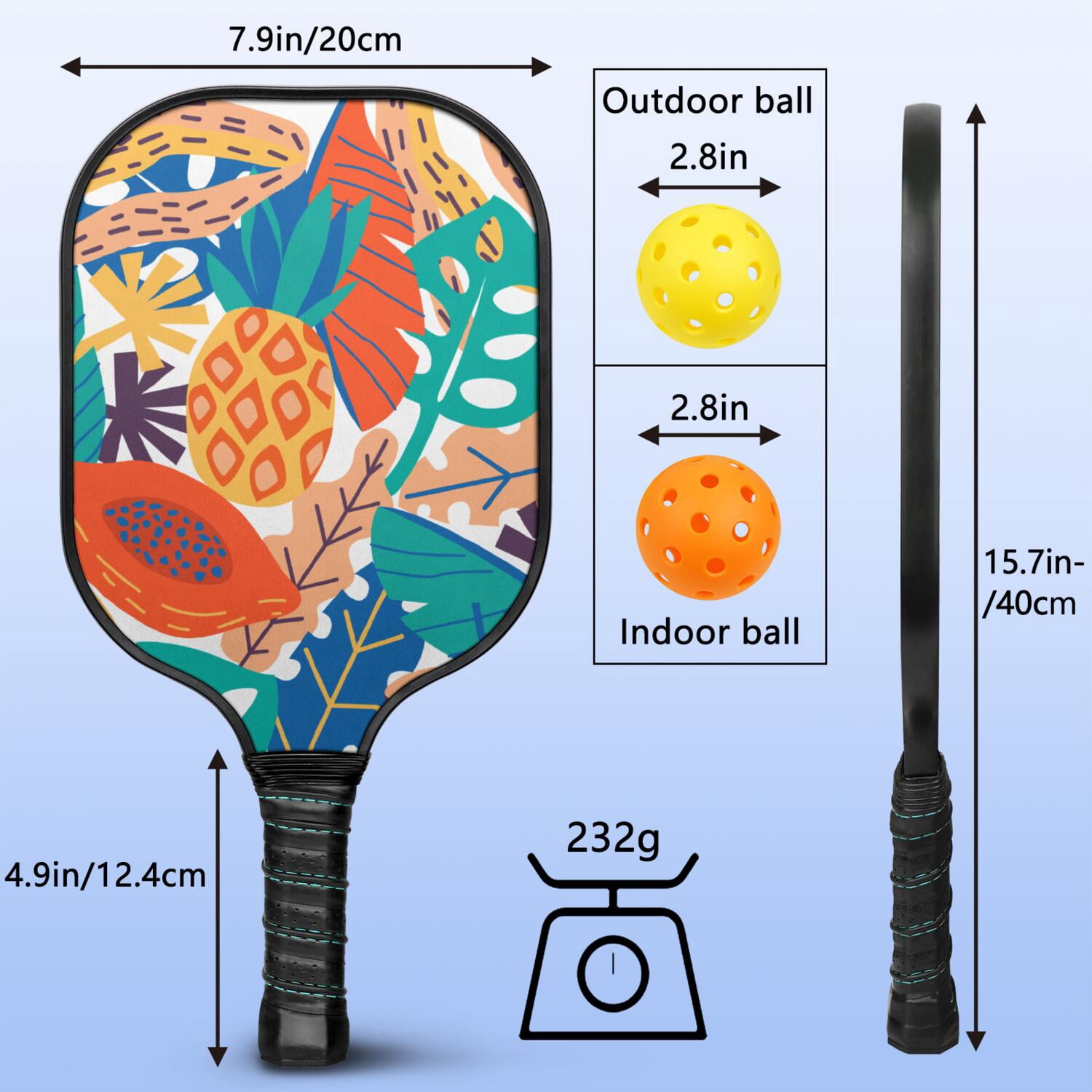 Pickleball Paddles Set Of 1, Fiberglass Surface, Tropical Leaf Print, 1 Paddle, 2 Balls & Bag