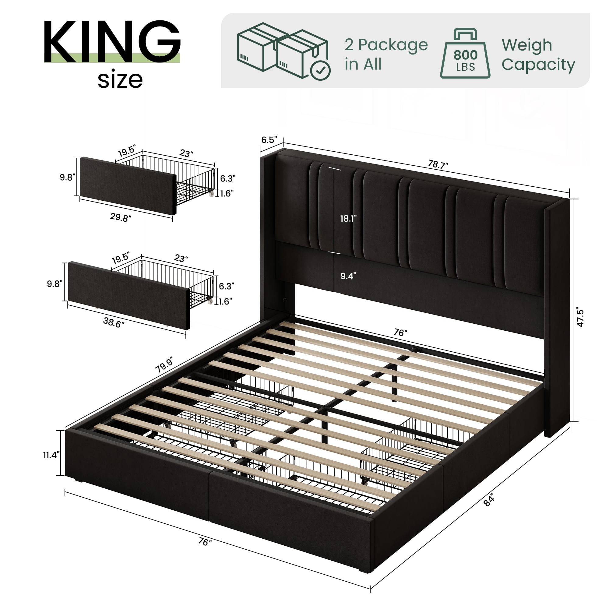 Breltam King Size Upholstered Platform Bed Frame with 4 Storage Drawers and Vertical Linen Wingback Channel Tufted Headboard
