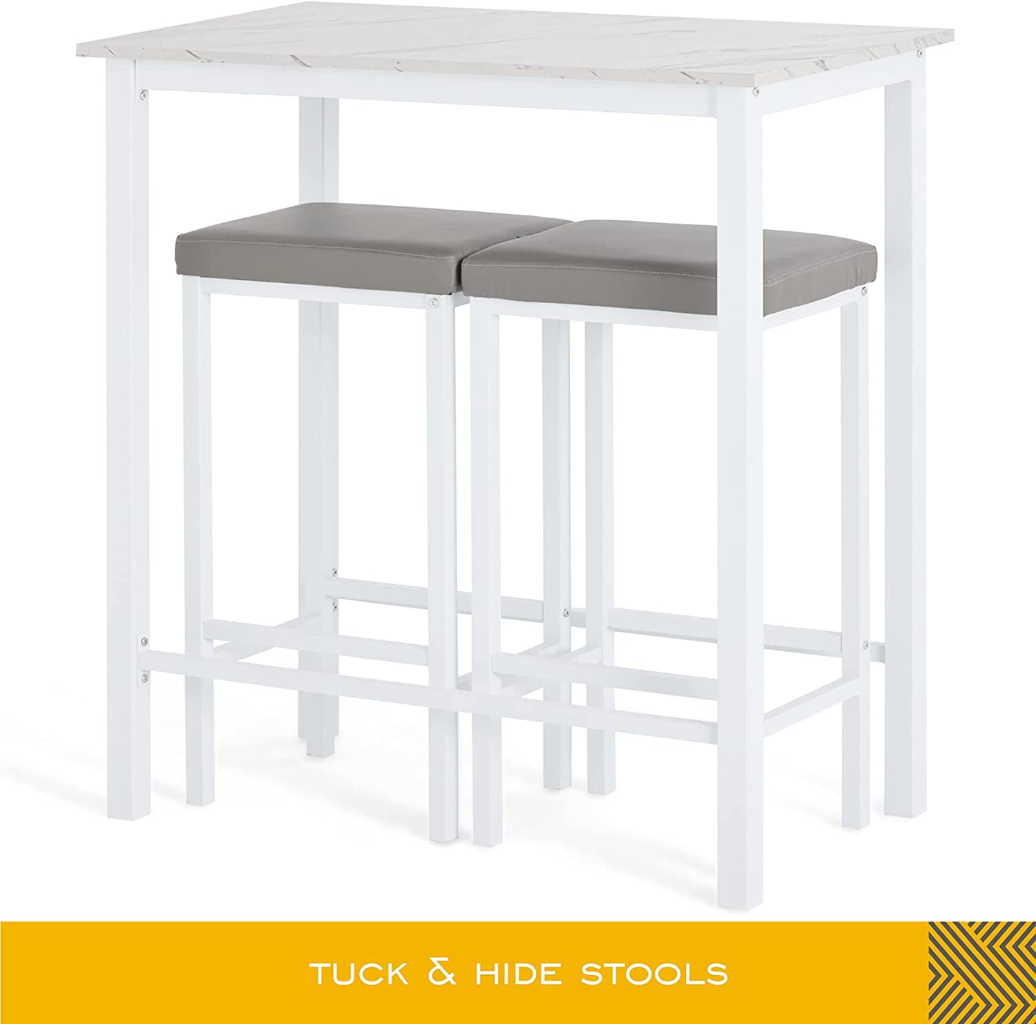 Bar Table Set with 2 Cushioned Counter Height Stools, Dining Table Set for 2, White Faux Marbled
