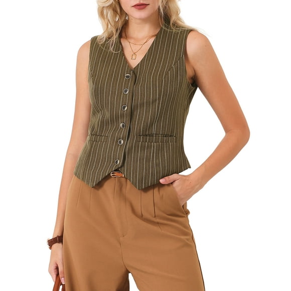 INSPIRE CHIC Women's Formal Button Down V Neck Vintage Striped Waistcoat Vest L Brown