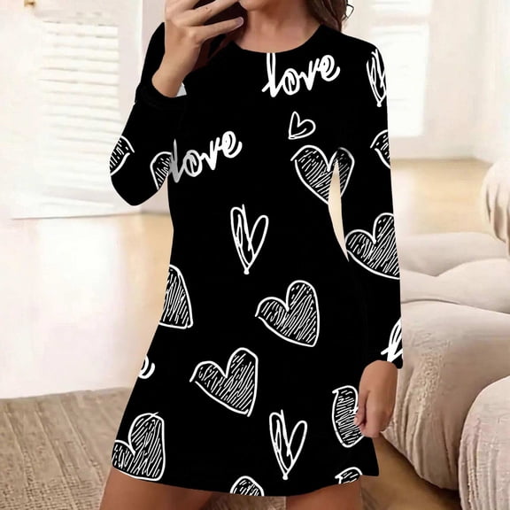 Sakmal Plus Size Moomoo Womens Nightgowns Valentines Long Sleeve Love Moomoo Dress Heart Print Knee Length Nightgowns for Women L
