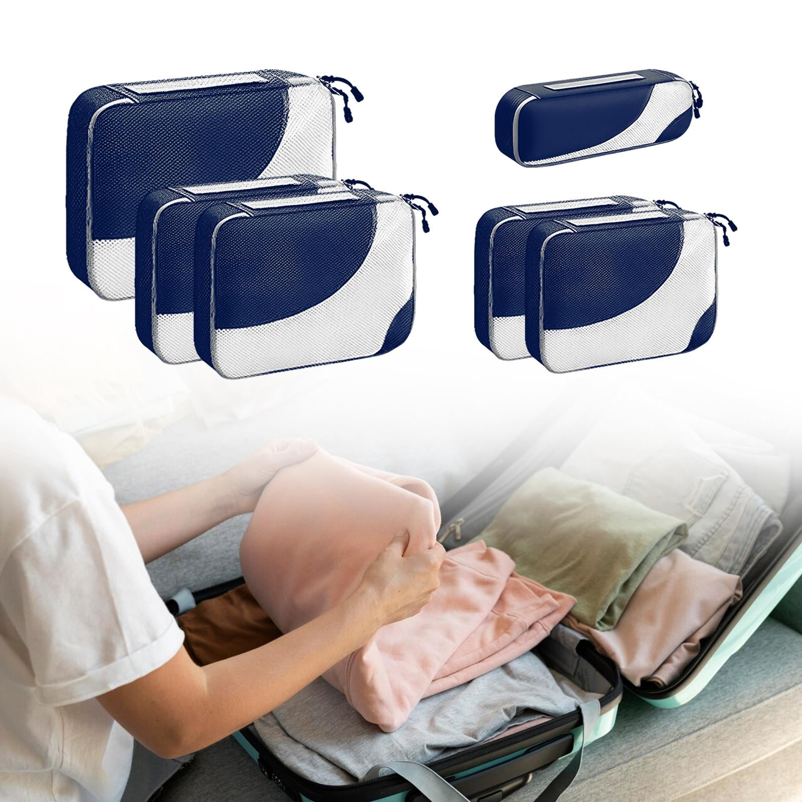 kowaku 6 Pieces Waterproof Travel Essentials Bag Packing Cubes with Zipper Travel Organiser Packing Bags for Hat Coats Mobile Phones Navy