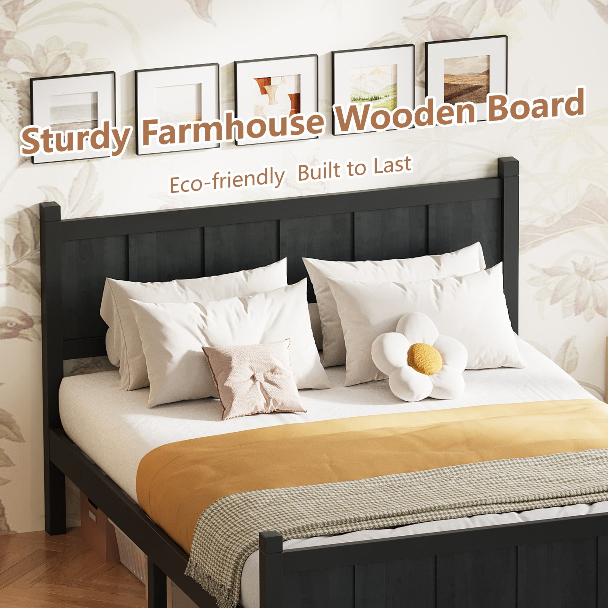 Sailvan Full Platform Bed with Headboard & Footboard - Shaker Farmhouse Style Bed Frame with Wood Grain Finish & Under-Bed Storage Black