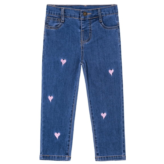 KIDSCOOL SPACE Baby Little Girls Jeans,Pink Heart Shapped Embroidered Strechy Denim Soft Slim Pants,Blue,12-18 Months