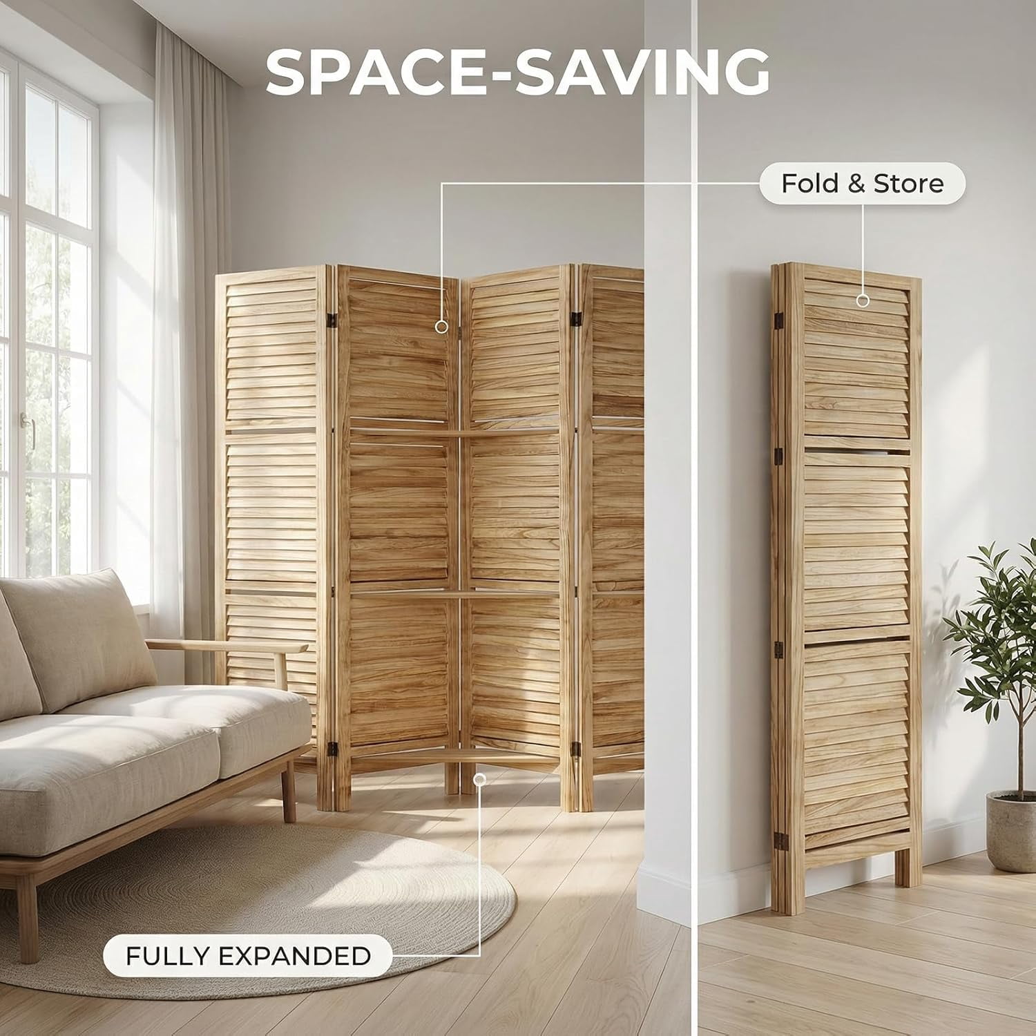 4 Panel Bamboo Room Divider with Shelves, Lightweight Privacy Screen for Bedroom Home Office, No Assembly Required