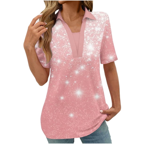 Tops Cortos para las Mujeres Blusas Impresas Manga Corta Turndown Collar Camiseta, Tops de Blusa para las Mujeres Casual
