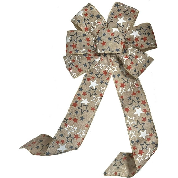 Patriotic Wired Burlap Wreath Bow - 10" Wide, 18" Long Tails, Wreath, Memorial Day, 4th of July, Red, White Blue Stars, Farmhouse, Christmas, President's Day