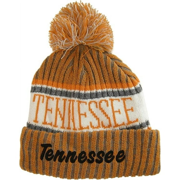 Tennessee Plush Lined Embroidered Winter Knit Pom Beanie Hat (Orange/Gray/Black)