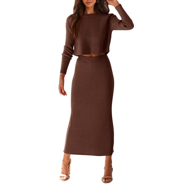 Conjunto de Suéter para Mujer PRETTYGARDEN 2 Piezas Top Corto y Falda Talle S