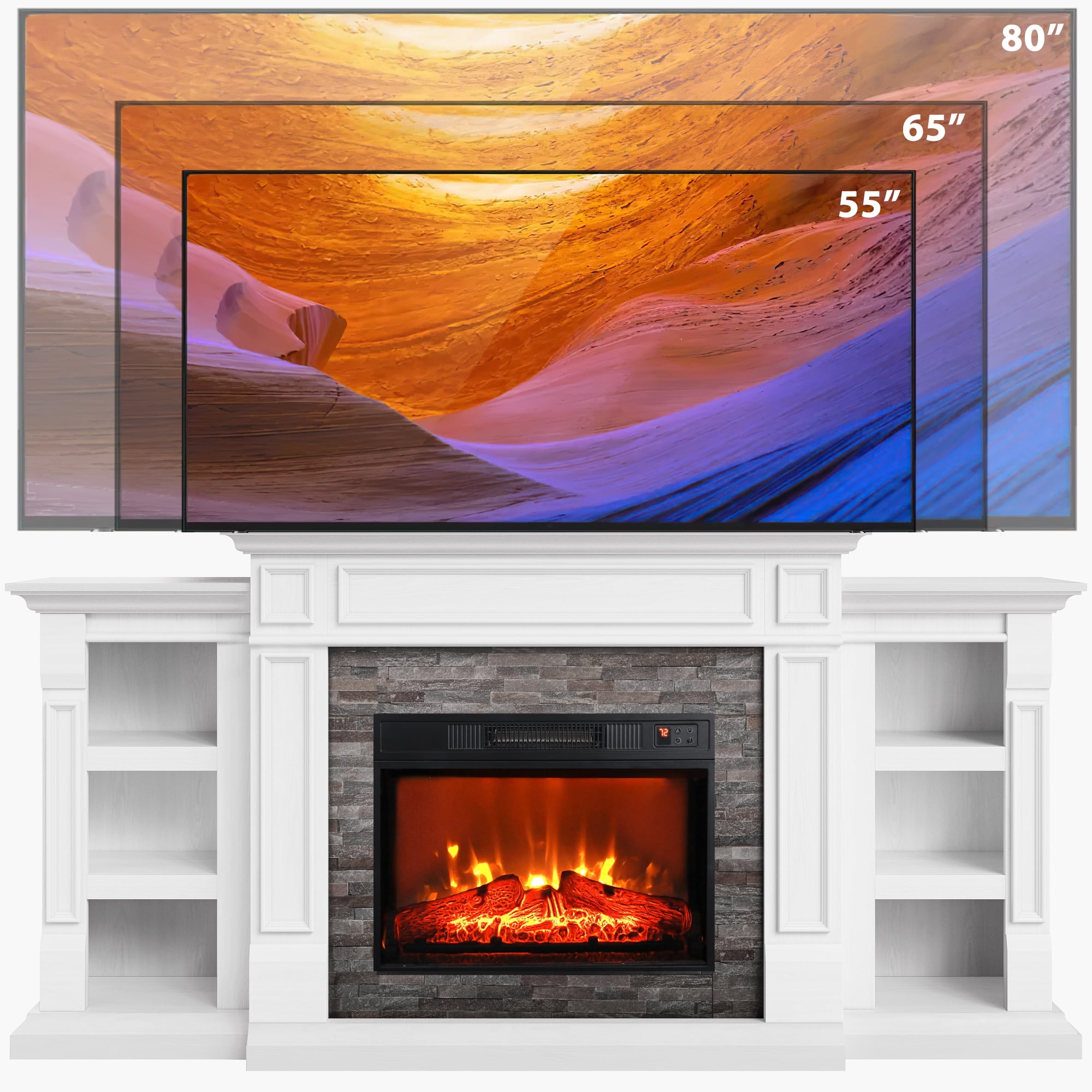 70"L Fireplace Mantel with 23" Electric Fireplace and Bookshelves, Wooden Storage Freestanding Heater with Remote Control, White