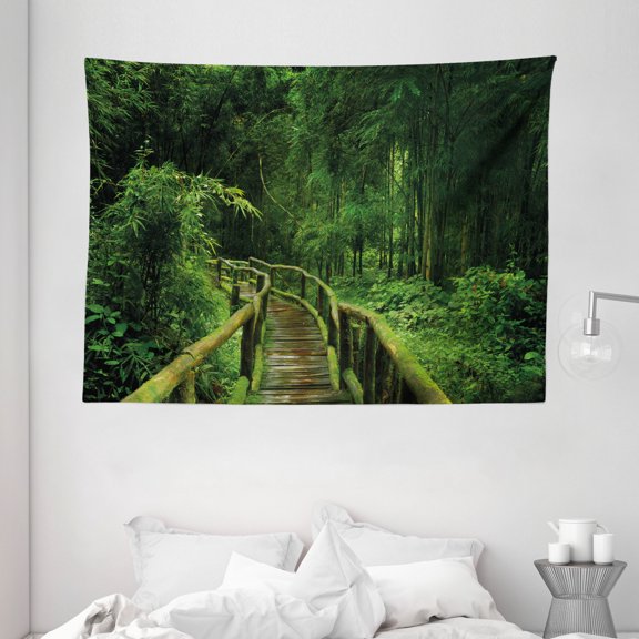 Jungle Decor Tapestry, Fresh Tropical Thailand Forest with Wooden Bridge Foliage Meditation Calm Landscape, Wall Hanging for Bedroom Living Room Dorm Decor, 80W X 60L Inches, Green, by Ambesonne