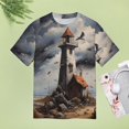 thumbnail image 4 of Lighthouse Sunrise Coast Scenery Pale Blue Tan Women's Short Sleeve T-Shirt Crew Neck Casual Summer Trendy Loose Fit Tops, 4 of 6