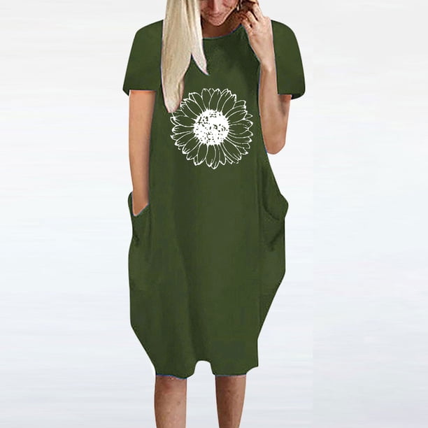 Puntoco Vestido De Manga Corta Con Cuello En V, Vestido Informal Suelto Con Estampado De Girasoles Para Mujer Verde Militar Xxxxxl
