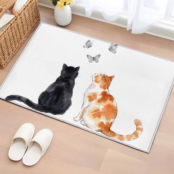 Funny Cat Entryway Rug 2'x3' Non Slip Front Door Mats, Simple Orange Black Cats Grey Butterfly Entrance Rugs Indoor Outdoor Carpet, Washable Floor Mats Small Area Rug for Bedroom Kitchen