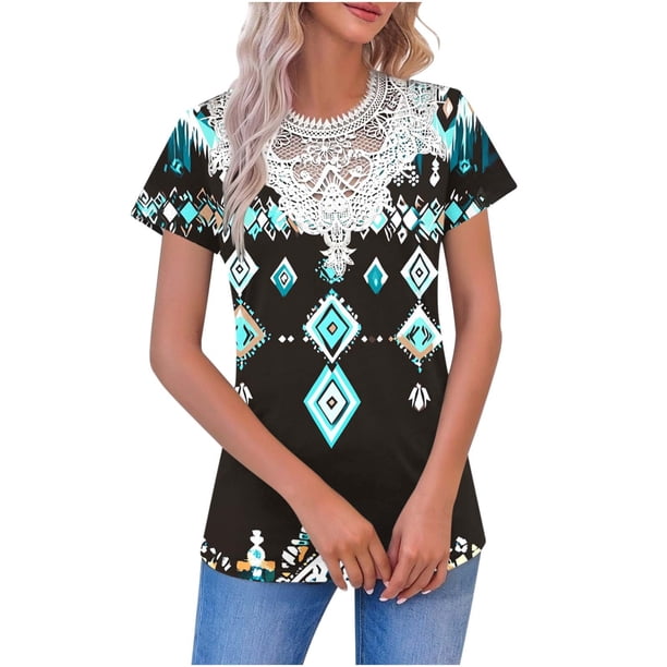 V Cuello Manga Corta Tops para las Mujeres Casual Botón Impresión Blusa de la Moda de Verano Tee, Ligero Mujer de Verano Tops