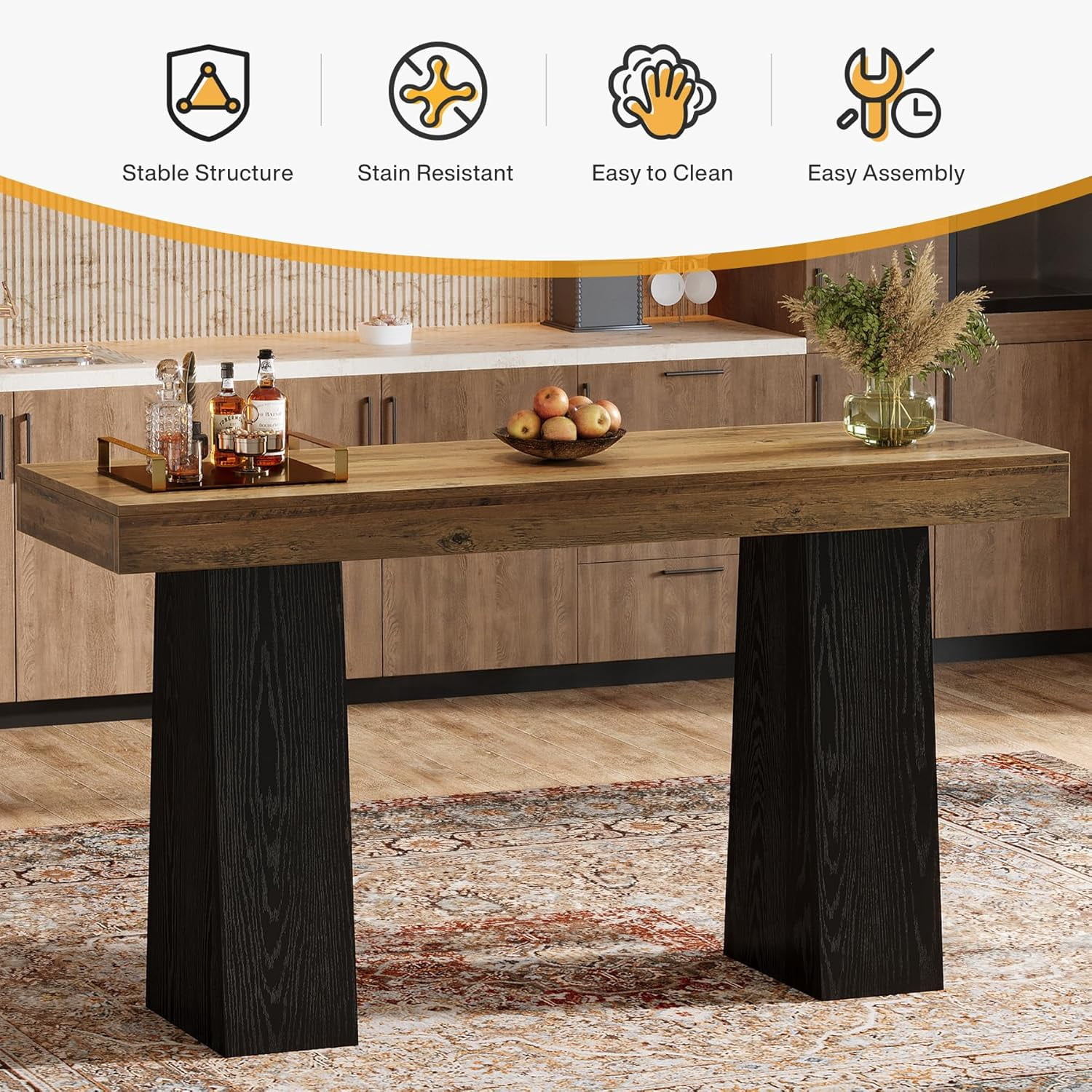 Tribesigns 63-Inch Bar Table, Wood Rustic Counter Height Pub Table for Kitchen, Dining Room, Living Room, Brown & Black