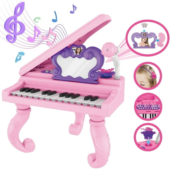 Hot Bee 25 Keys Piano Toys with Mirror for Girls, Pink Music Toy Instruments with Microphone for Toddlers, Birthday Christmas Gift Keyboard Toys for Kids 2 3 4 5 