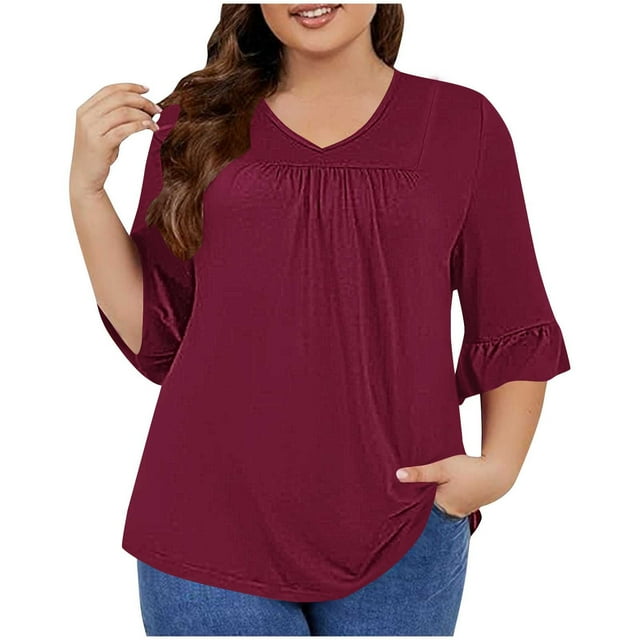 Timegard Plus Size Tops for Women V-Neck Ruched Ruffle 3/4 Sleeve Comfy Tee Shirts Casual Loose Tops
