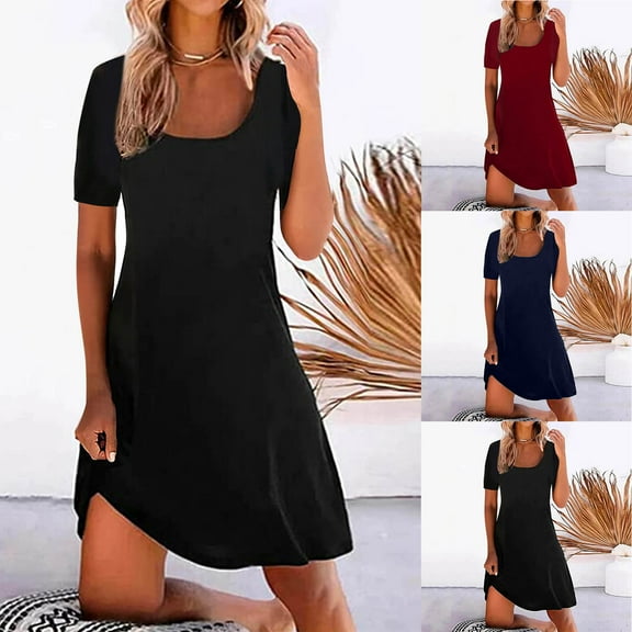 SMihono Swing Mini Short Dresses for Women Skinny Slim Square Neck Short Sleeve Tunic Sun Dresses Solid Color Female Outwear Wine L